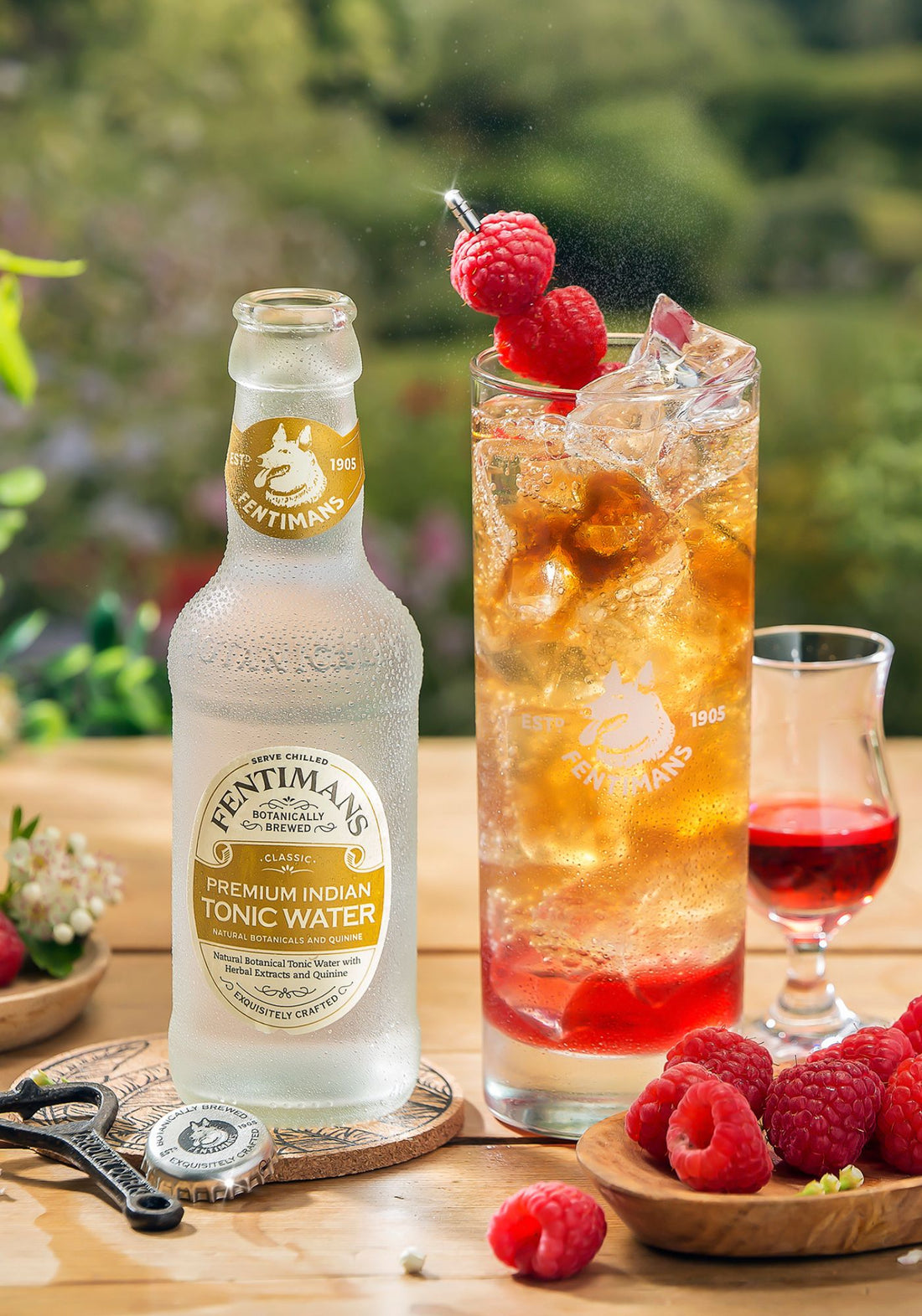 A bottle of Fentimans Premium Indian Tonic Water beside a highball cocktail garnished with raspberries
